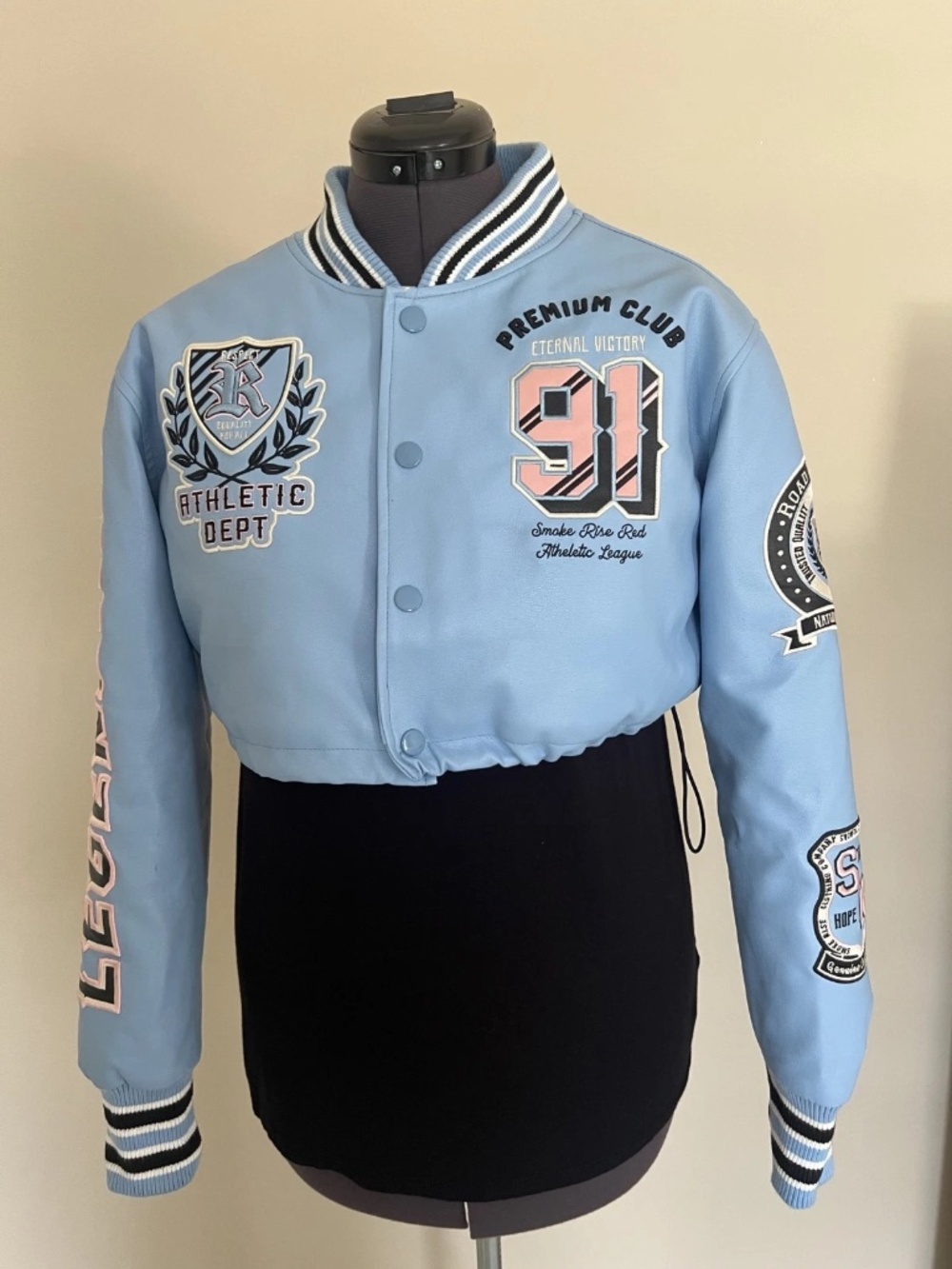 Smoke Rise Women Cropped Varsity Jacket Light Blue PU Leather patches Size XL